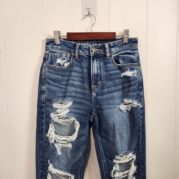 American Eagle Mom Jeans Stretch High Waisted Rise Ripped Dark Wash AEO 90s - Picture 3 of 9